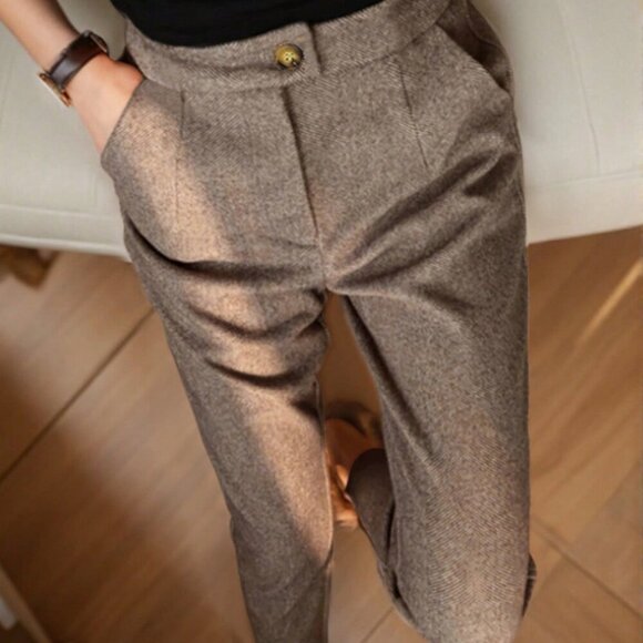 Brown Casual Women's Slim Fit Long Pants - Picture 3 of 6